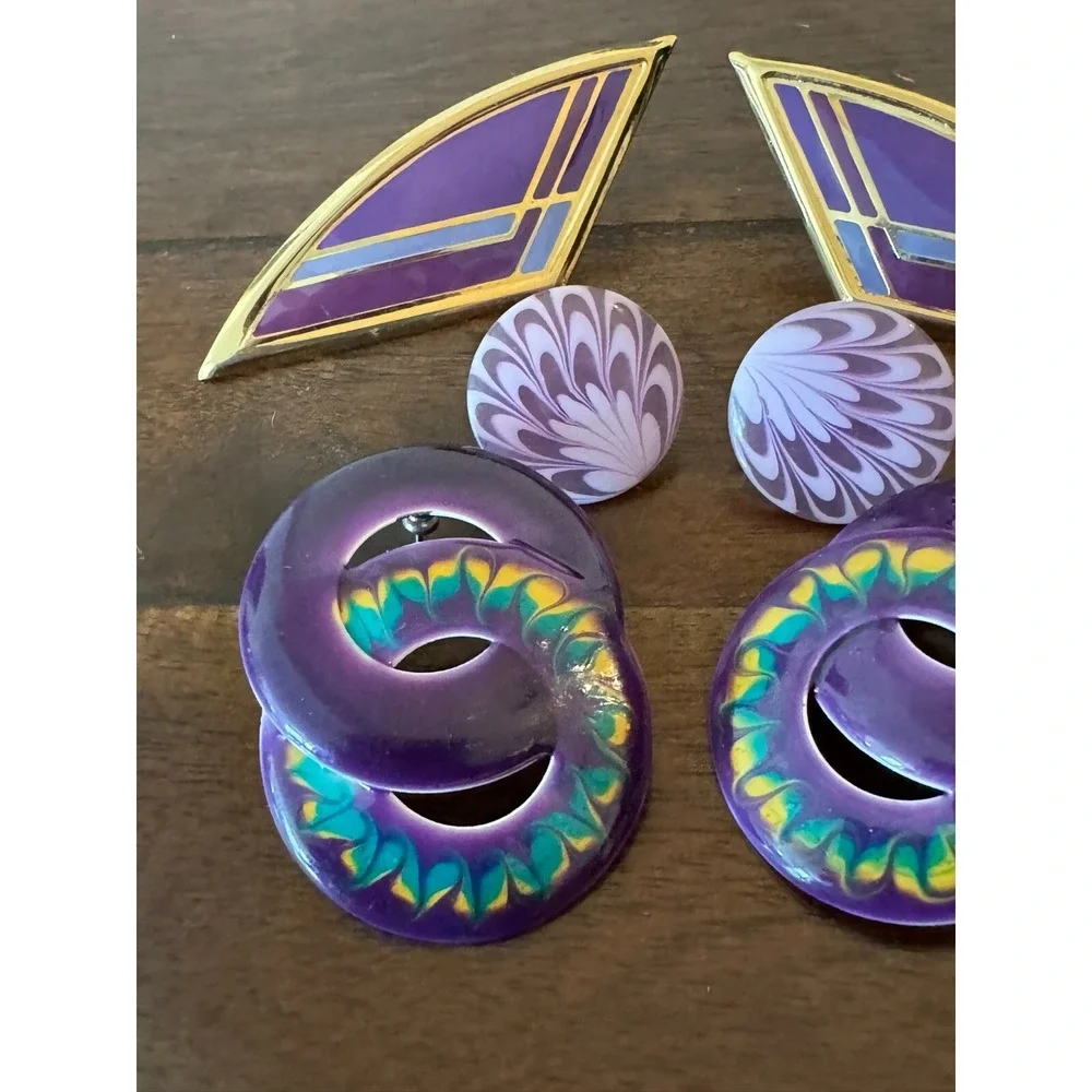 3 Pair Vintage Purple Earrings Metal and‎ Plastic Women Pierced Ears